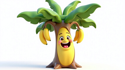 Happy cartoon banana tree with smiling face and hanging bananas.