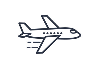 A simple line drawing of an airplane in flight with motion lines on a white background design icon