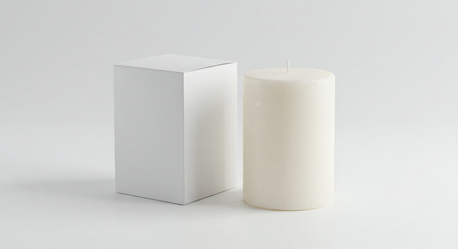 Blank white packaging box and pillar candle mockup