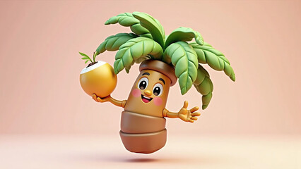 Happy cartoon coconut tree character holding a golden coconut.