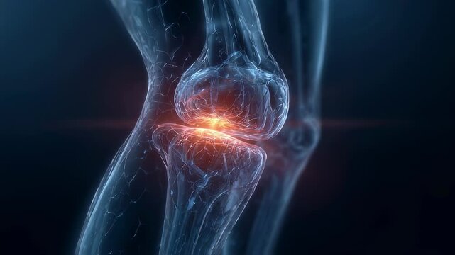 Medical visualization highlighting glowing cartilage damage within a human knee joint, emphasizing the intricate network of bones, ligaments, and tendons