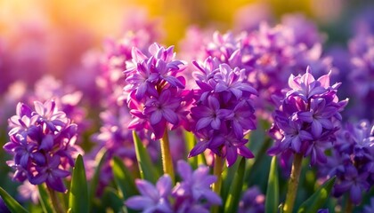Obraz premium Purple hyacinth flowers blooming in a spring garden bathed in sunlight