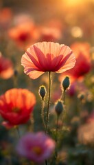 Poppy flowers bloom in a field during a warm sunset