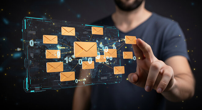 Man interacting with holographic email network interface