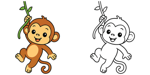 Fototapeta premium Line art coloring book of a cute monkey cartoon hanging from a vine on a white background