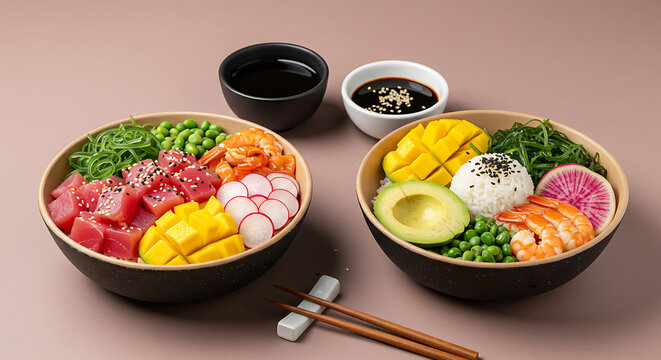 Two delicious poke bowls with tuna shrimp mango avocado and rice