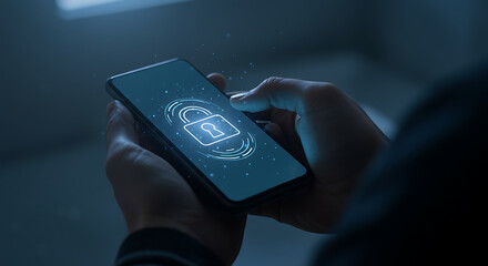 Person using smartphone with digital padlock security interface