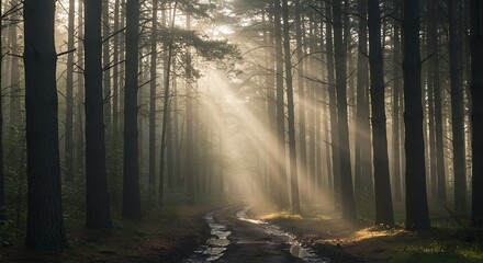 Sunbeams Illuminate Misty Forest Path, Creating Magical Atmosphere