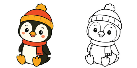 Line art coloring book of a cute penguin cartoon wearing a winter hat on a white background