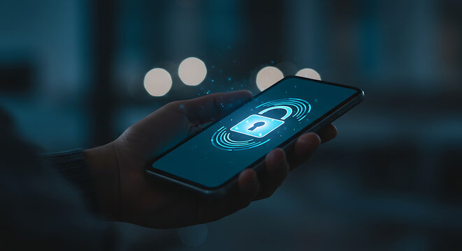 Hand holding smartphone with glowing padlock security app