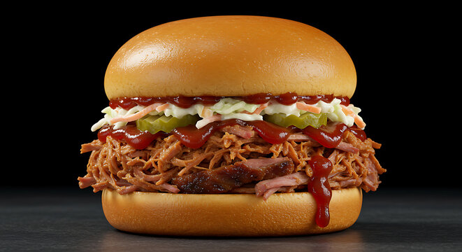 Delicious pulled pork sandwich with coleslaw and barbecue sauce