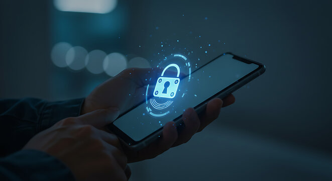 Mobile phone security concept with digital padlock icon