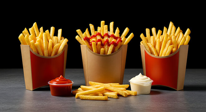 Three portions of french fries with ketchup and mayonnaise