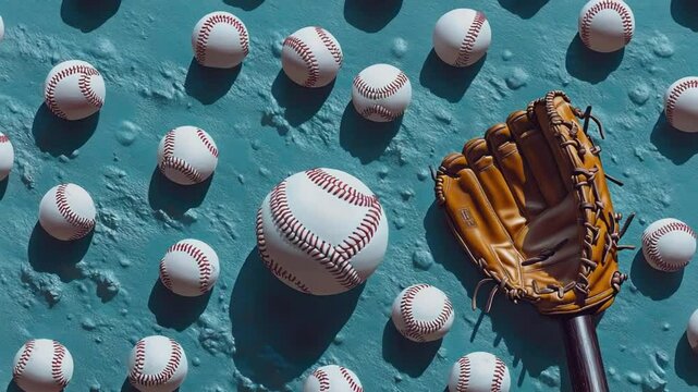 Baseball balls and a glove on a teal surface