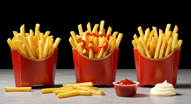 Three red cardboard boxes of french fries with ketchup and mayonnaise