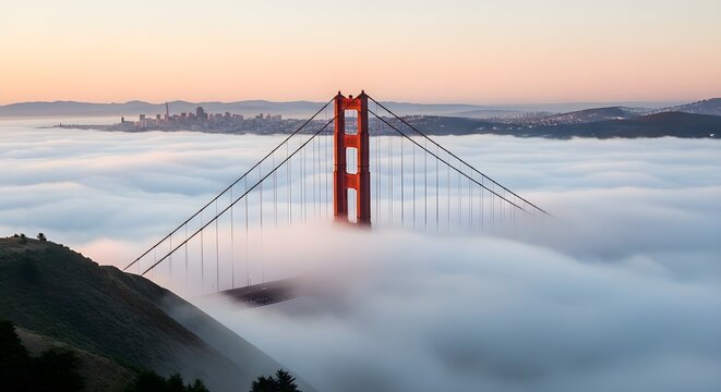 Golden Gate Bridge Emerging from Fog Above San Francisco Bay | California Landmark Landscape for Travel and Tourism Marketing