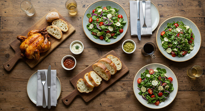 Roasted chicken dinner with fresh green salads and crusty bread