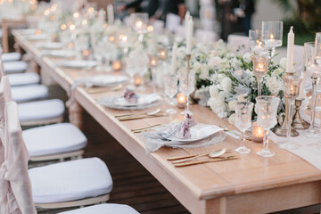 lovely Table setting for magnificent composition from flowers at a wedding , Centerpiece white and...