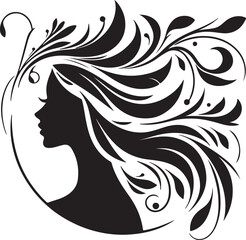 Elegant female silhouette with floral flowing hair in vector style – perfect for beauty salons, haircare branding, spa logos, and feminine designs.

