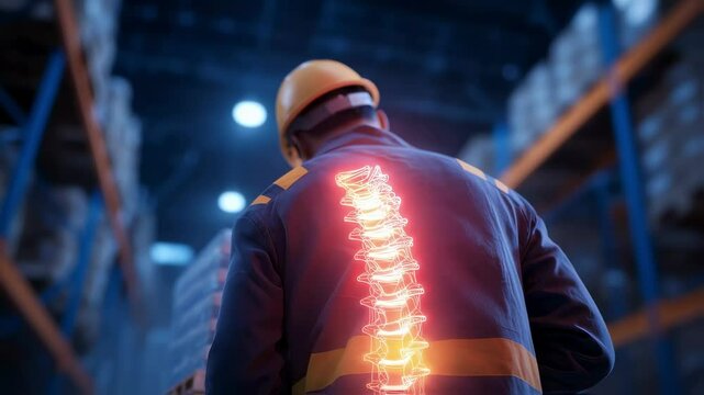 Warehouse worker lifting heavy boxes suffering from back pain, highlighted by glowing spine, emphasizing occupational hazards and health risks in physically demanding jobs