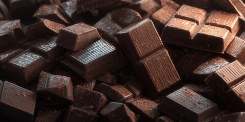 Dark Chocolate Bar Pieces on Brown Background