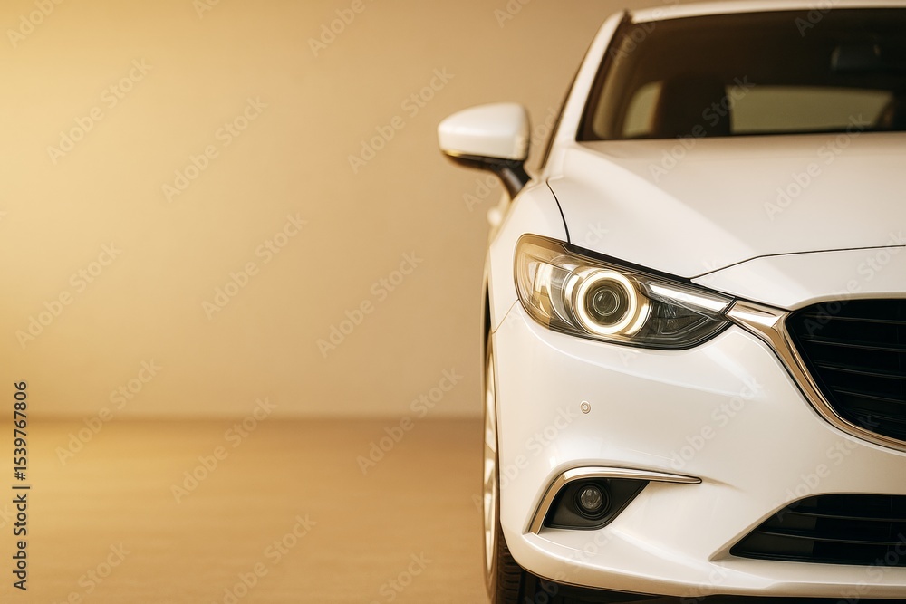 Poster close-up of modern white car front with illuminated headlights on smooth beige background, transport
