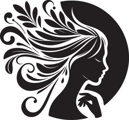 Elegant female silhouette with floral flowing hair in vector style – perfect for beauty salons, haircare branding, spa logos, and feminine designs.

