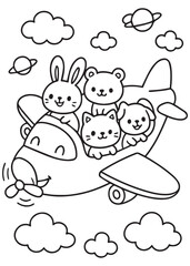 Coloring book airplane carries a crew of cute animal friends through a sky of clouds 