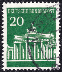 Brandenburg Gate on a 1966 Germany vintage postage stamp. Brandenburg Gate Series