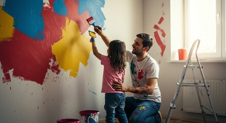 Father and daughter painting wall together indoors