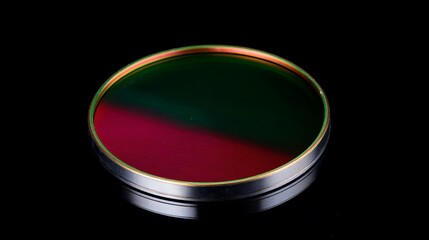 Telescope filter close-up, with multi-layer coated reflective surface displaying red and green tones, marked metal frame, black matte background isolation, astronomical equipment concept.