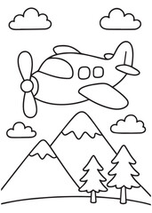 Coloring book  propeller plane flies above mountains and pine trees