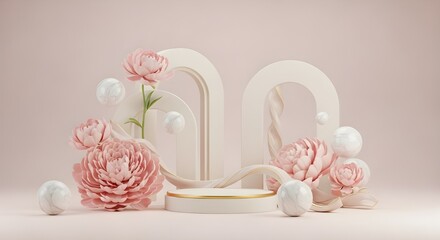 Elegant Product Display Podium with Pink Peonies and Arches | Luxury Cosmetic Presentation Stage for Beauty Products and Wedding Mockups