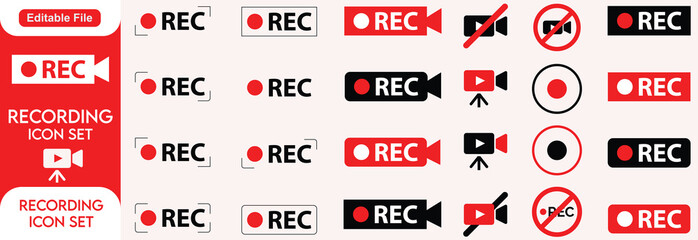 Recording icons set. Camera video recording icon. Noise, Rec symbol. Red recording icon, vector illustration