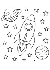 Coloring book rocket soaring through a starry cosmos with planets, perfect for aspiring astronauts to color