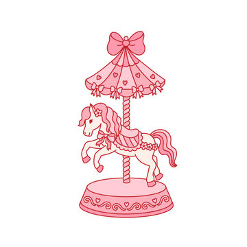Vintage toy, carousel horse stylized in coquette aesthetic. Whimsical trendy animal with bow ribbon, hearts. Old fashioned pink children toy. Vector isolated clip art