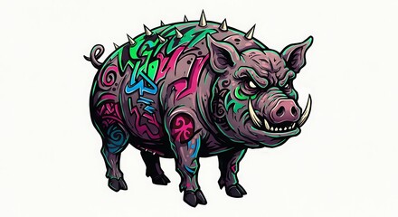 Fototapeta premium vector art line of angry cute pig face with fire effect and siluet effect suitable for mockup and logo product of team isolated white background
