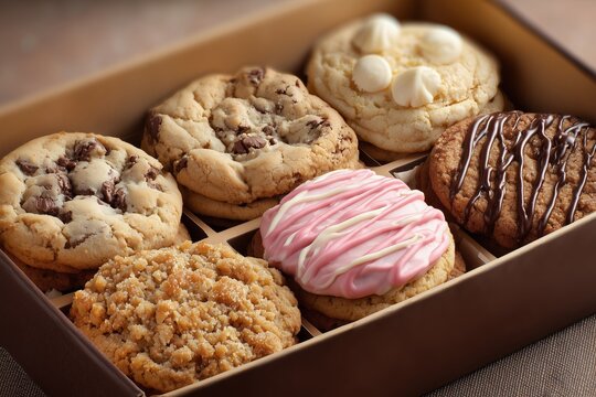 Assorted box of six gourmet cookies featuring chocolate chunk, white chocolate chip, pink frosted, peanut butter, streusel, and chocolate-drizzled varieties, perfect for bakery, gift, or dessert brand