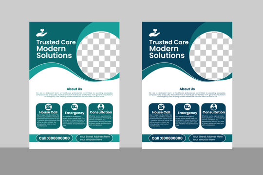 Modern medical flyer design featuring doctor services, contact information, and medical icons, perfect for promoting health institutions.