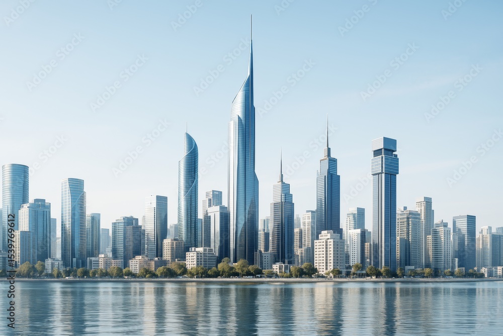 Poster futuristic skyline with tall modern skyscrapers and glass architecture reflected in calm water under