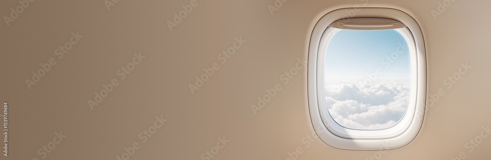 Poster airplane window view with sky and clouds, beige cabin wall background and empty copy space for trave
