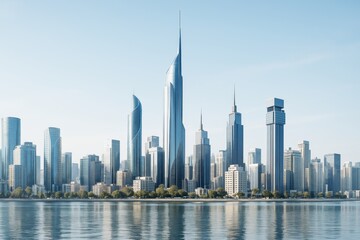 Obraz premium Futuristic skyline with tall modern skyscrapers and glass architecture reflected in calm water under clear blue sky background in daylight.