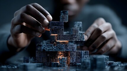 Hands assembling a modular structure representing iterative development and learning