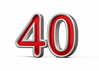 Vibrant Red Number Forty 40 With Metallic Gleam And Beveled Edges, 3D Illustration