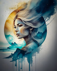 Elegant female portrait with flowing hair, watercolor and digital ink style, abstract circular background with ocean and sky elements. Perfect for fantasy, editorial and fine art use.