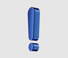 Metallic blue exclamation mark with a glossy finish, symbolizing urgency or alertness. 3d illustration