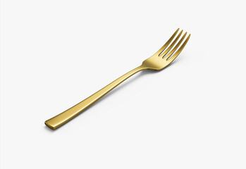 A sleek gold-plated fork with a reflective finish and a slightly curved handle. 3D Illustration