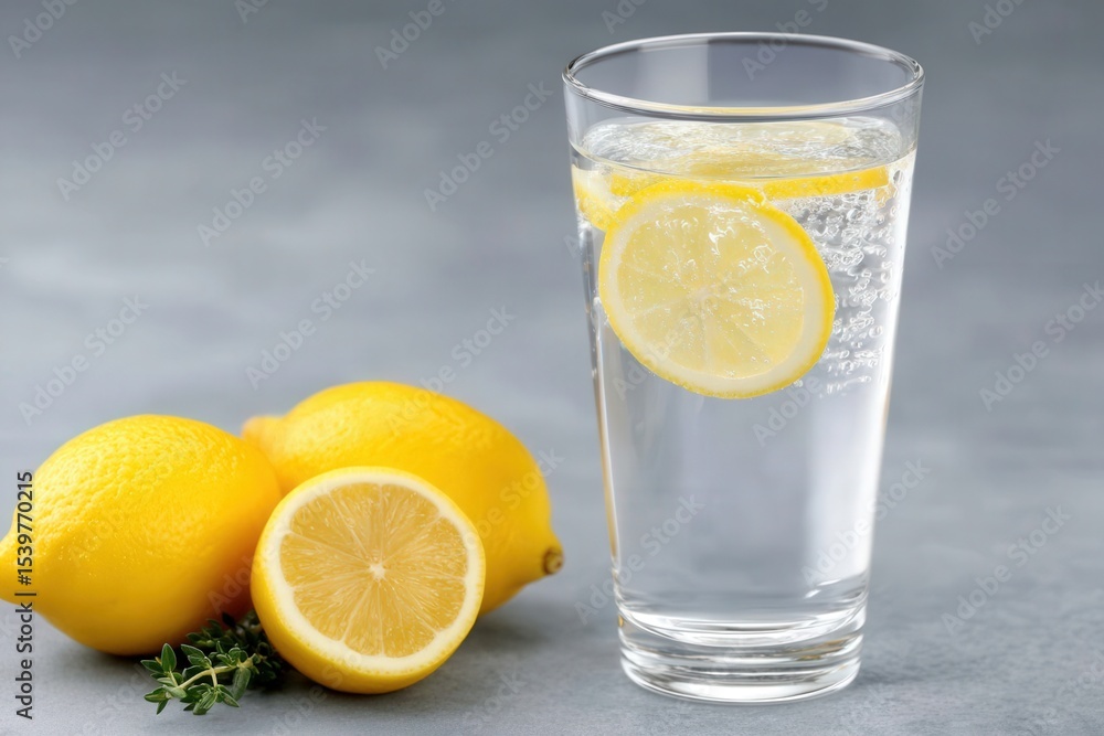 Poster crisp and refreshing lemon water with vibrant citrus slices and sparkling bubbles captured in a prof