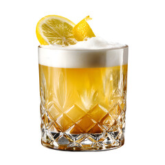 High-end whiskey sour with foam top, lemon twist, elegant glass