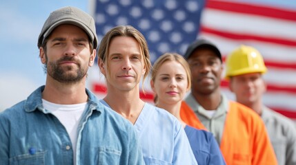American workers in various uniforms stand proudly before the USA flag, celebrating Labor Day together